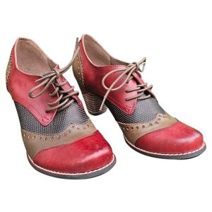 L’artiste Sping‎ Step Bardot Pump Red Brown Leather Heels Oxford Bootie Block
